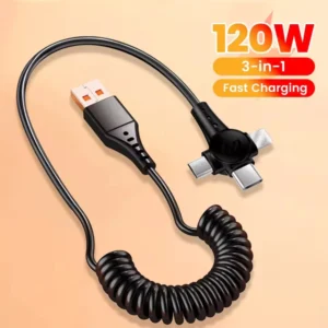 120W 3-in-1 Mobile phone Fast Charging Data Cable For iPhone Huawei Xiaomi Super Fast Charging Spring Retractable Data Cable