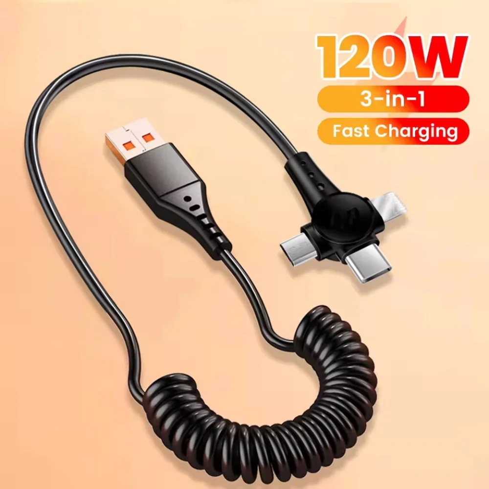 120W 3-in-1 Mobile phone Fast Charging Data Cable For iPhone Huawei Xiaomi Super Fast Charging Spring Retractable Data Cable
