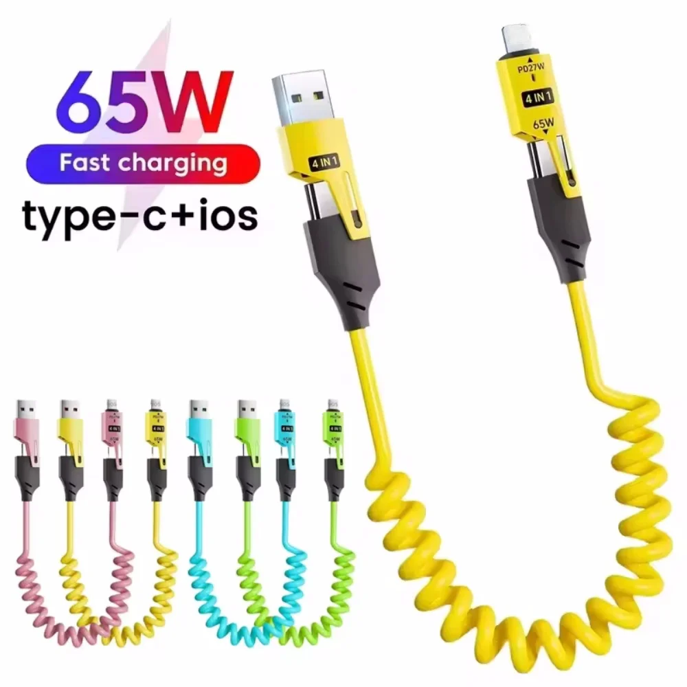 4 in 1 65W Spring Short Data Cable 6A USB Type C Spring Telescopic Quick Charger Wire Spring USB Cable for iPhone 15 14 13 12